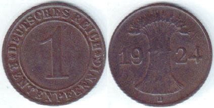 1924 D Germany 1 Rentenpfennig A008950